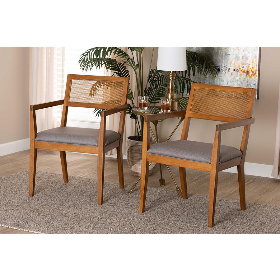 Modern Japandi Grey Fabric and Walnut Brown Finished Wood 2-Piece Arm Chair Set. Picture 7