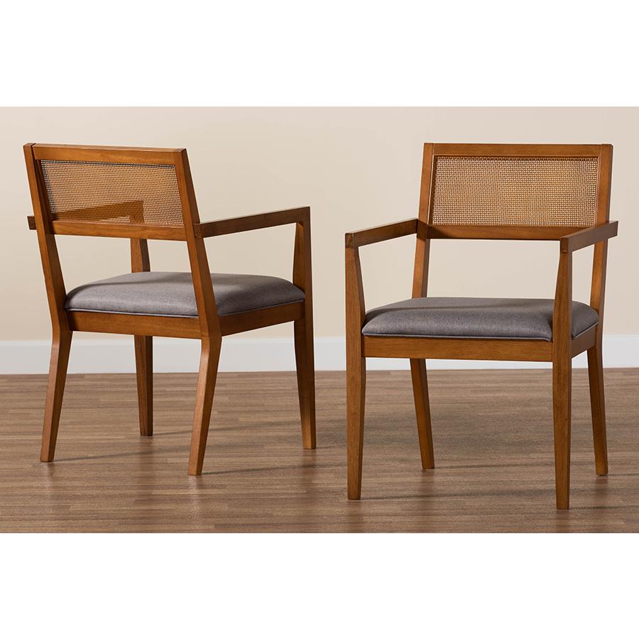 Modern Japandi Grey Fabric and Walnut Brown Finished Wood 2-Piece Arm Chair Set. Picture 8