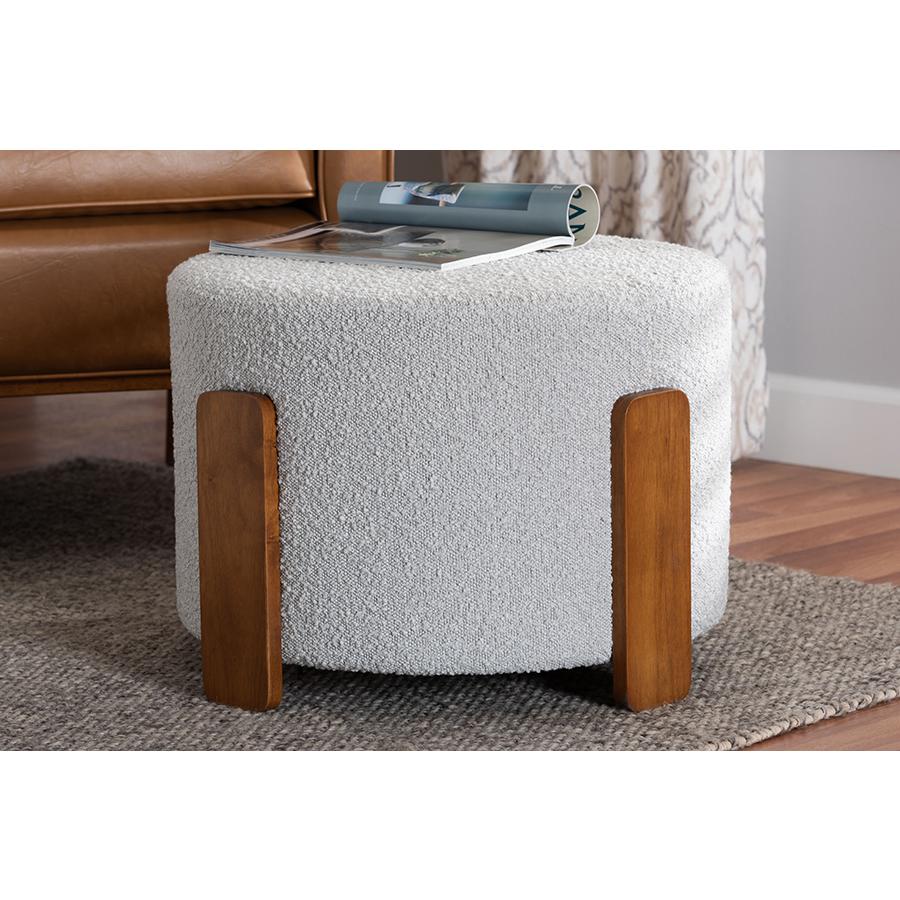 Light Grey Boucle Fabric and Walnut Brown Finished Wood Ottoman Footstool. Picture 5