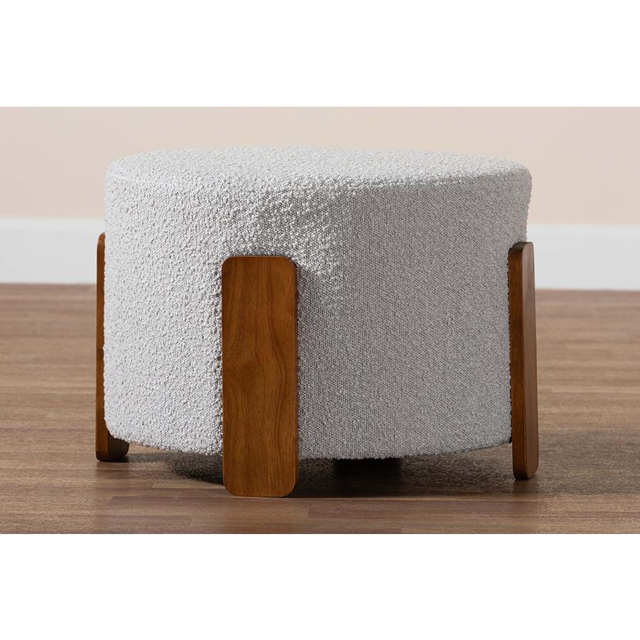 Light Grey Boucle Fabric and Walnut Brown Finished Wood Ottoman Footstool. Picture 6