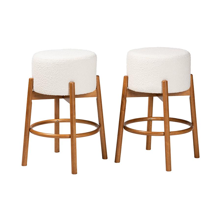 Japandi Cream Boucle Fabric and Walnut Brown Finished Wood 2-Piece Bar Stool Set. Picture 1
