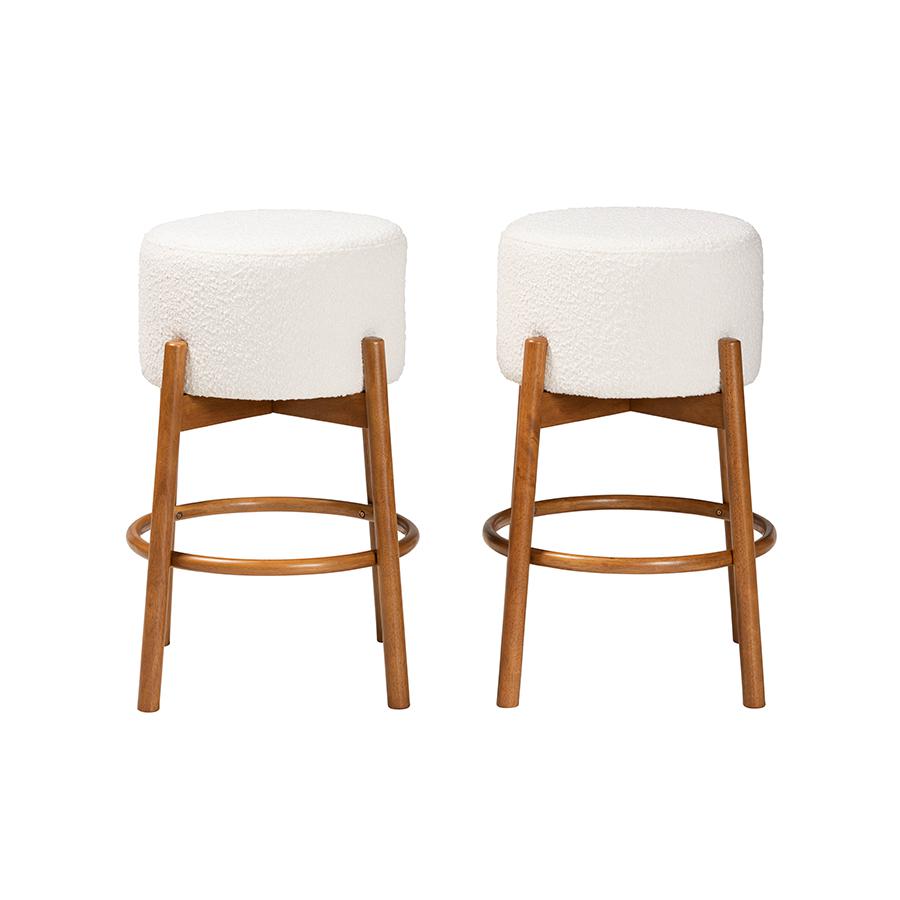Japandi Cream Boucle Fabric and Walnut Brown Finished Wood 2-Piece Bar Stool Set. Picture 2