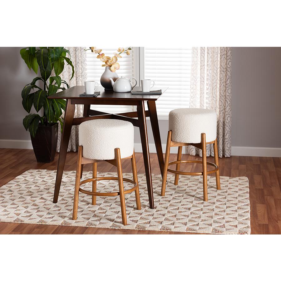 Japandi Cream Boucle Fabric and Walnut Brown Finished Wood 2-Piece Bar Stool Set. Picture 5