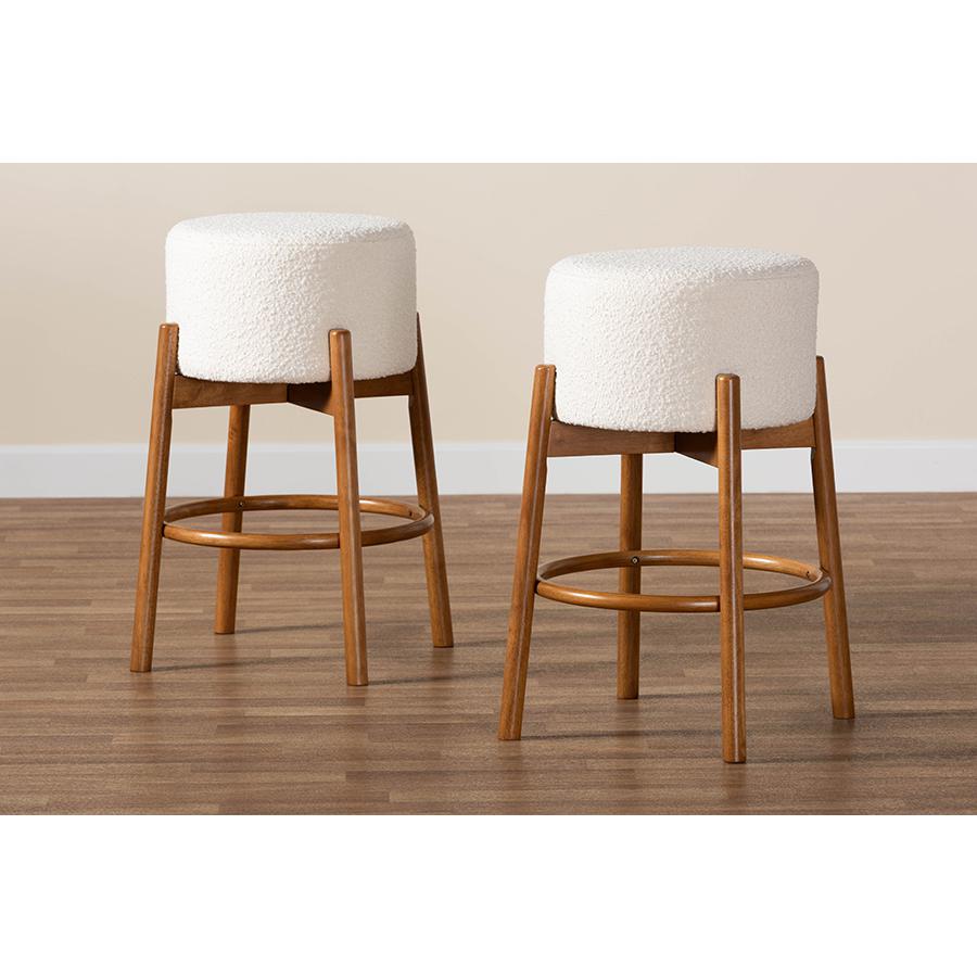 Japandi Cream Boucle Fabric and Walnut Brown Finished Wood 2-Piece Bar Stool Set. Picture 6