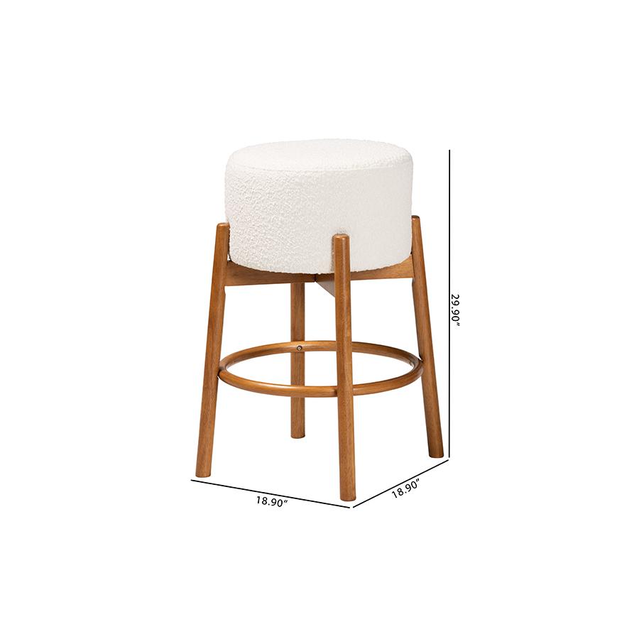Japandi Cream Boucle Fabric and Walnut Brown Finished Wood 2-Piece Bar Stool Set. Picture 7