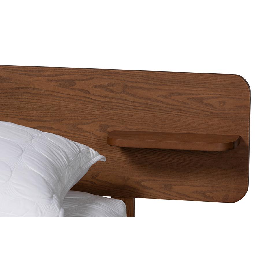 Walnut Brown Finished Wood Queen Size Platform Bed with Built-in Shelf. Picture 4