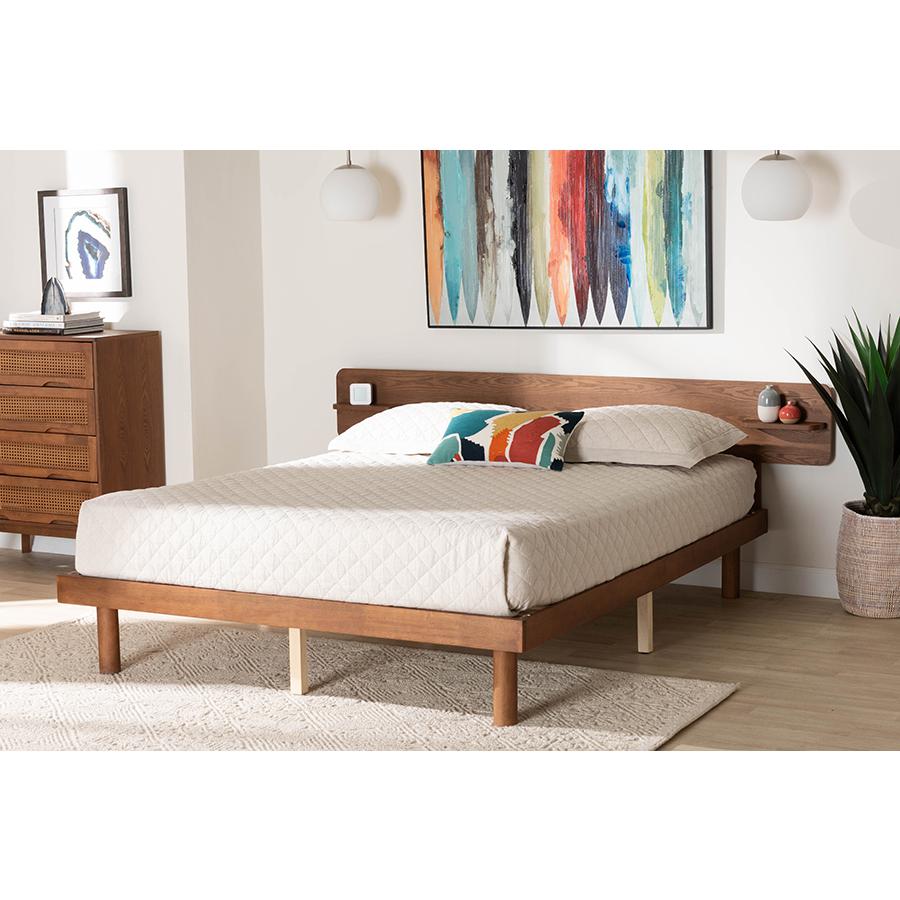 Walnut Brown Finished Wood Queen Size Platform Bed with Built-in Shelf. Picture 7