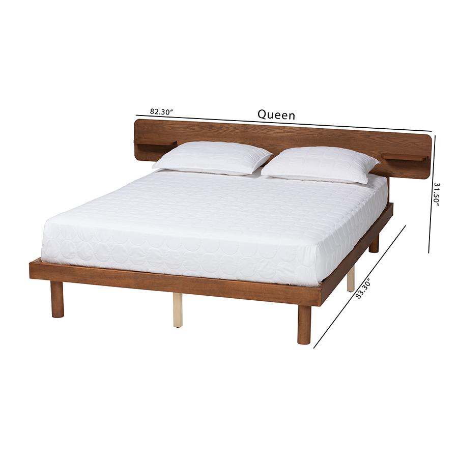 Walnut Brown Finished Wood Queen Size Platform Bed with Built-in Shelf. Picture 9