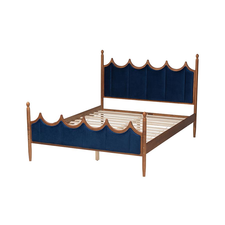 Royal Blue Velvet Fabric and Walnut Brown Wood Queen Size Platform Bed. Picture 3