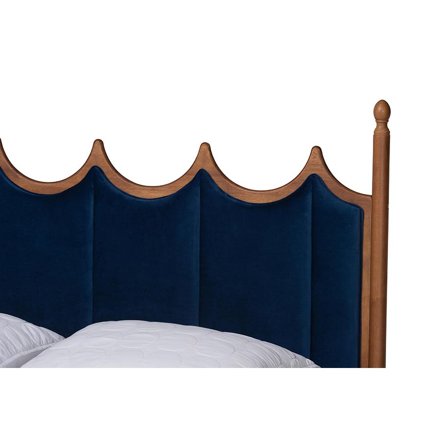 Royal Blue Velvet Fabric and Walnut Brown Wood Queen Size Platform Bed. Picture 4