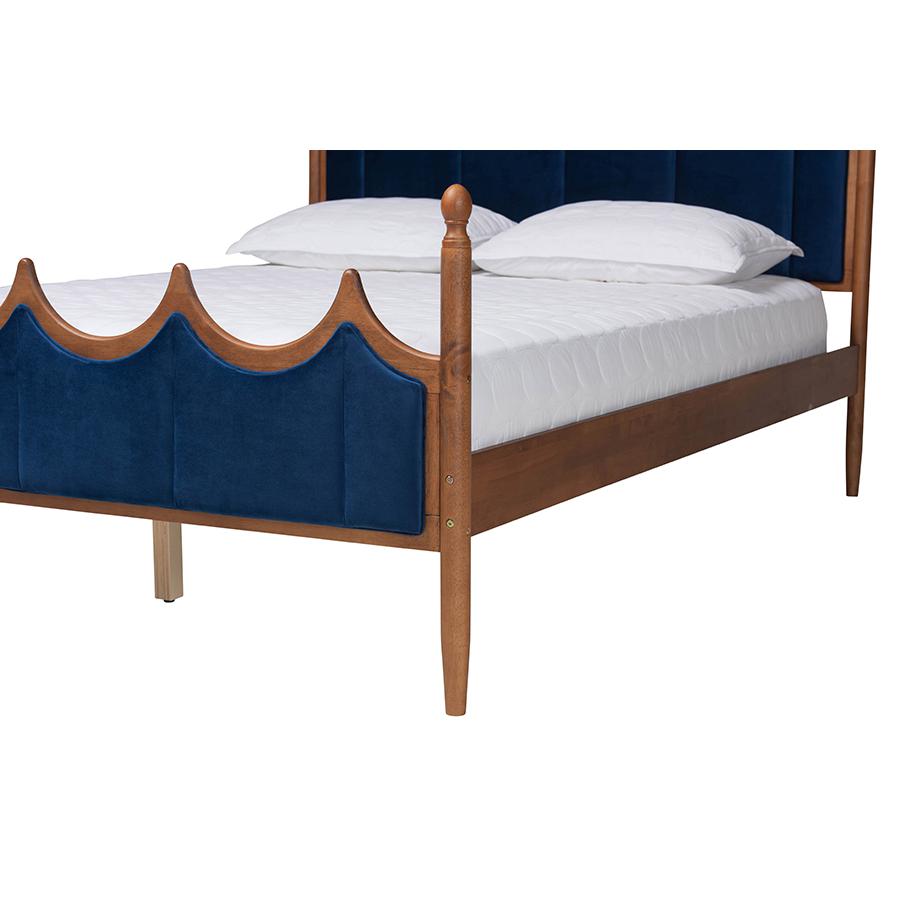 Royal Blue Velvet Fabric and Walnut Brown Wood Queen Size Platform Bed. Picture 5