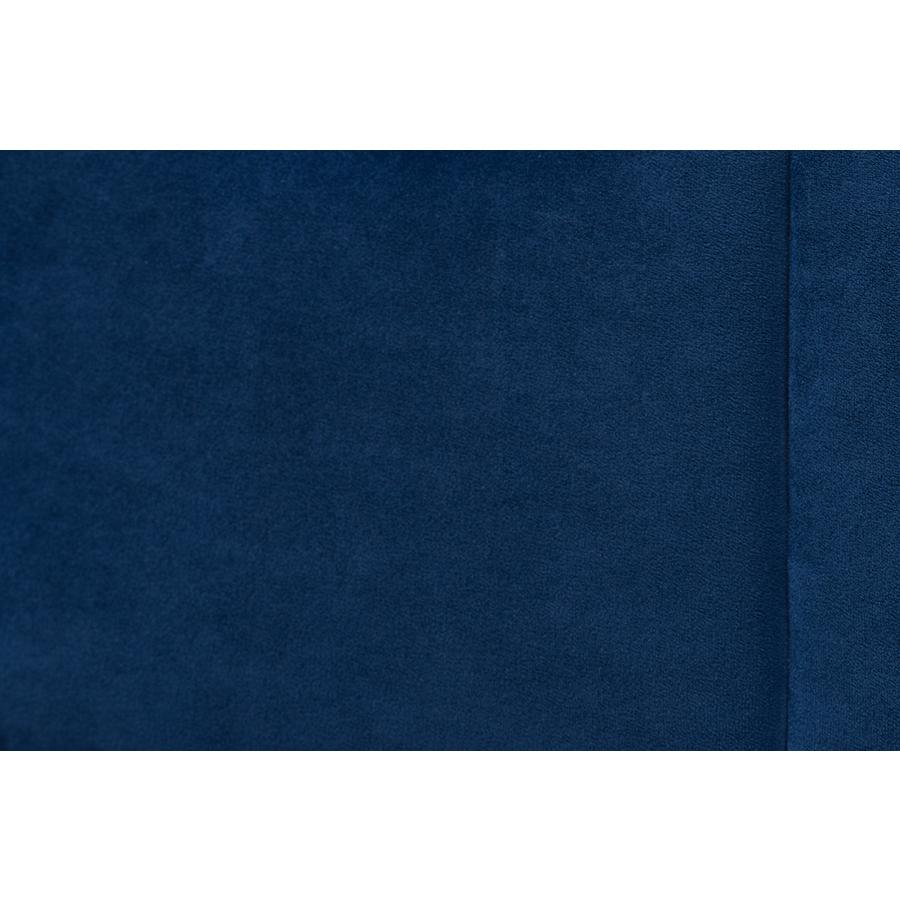 Royal Blue Velvet Fabric and Walnut Brown Wood Queen Size Platform Bed. Picture 6