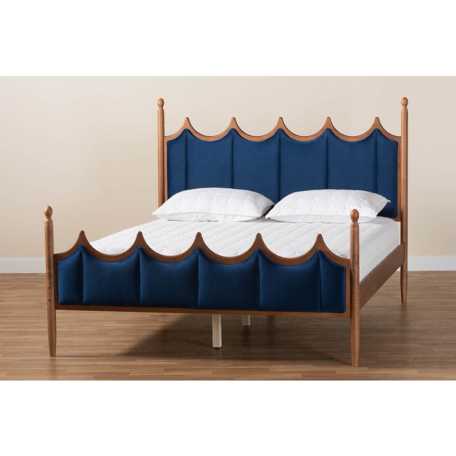 Royal Blue Velvet Fabric and Walnut Brown Wood Queen Size Platform Bed. Picture 8
