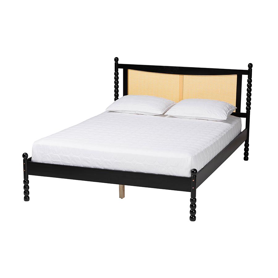 Okena Mid-Century Modern Black Wood Queen Size Platform Bed with Woven Rattan. Picture 1