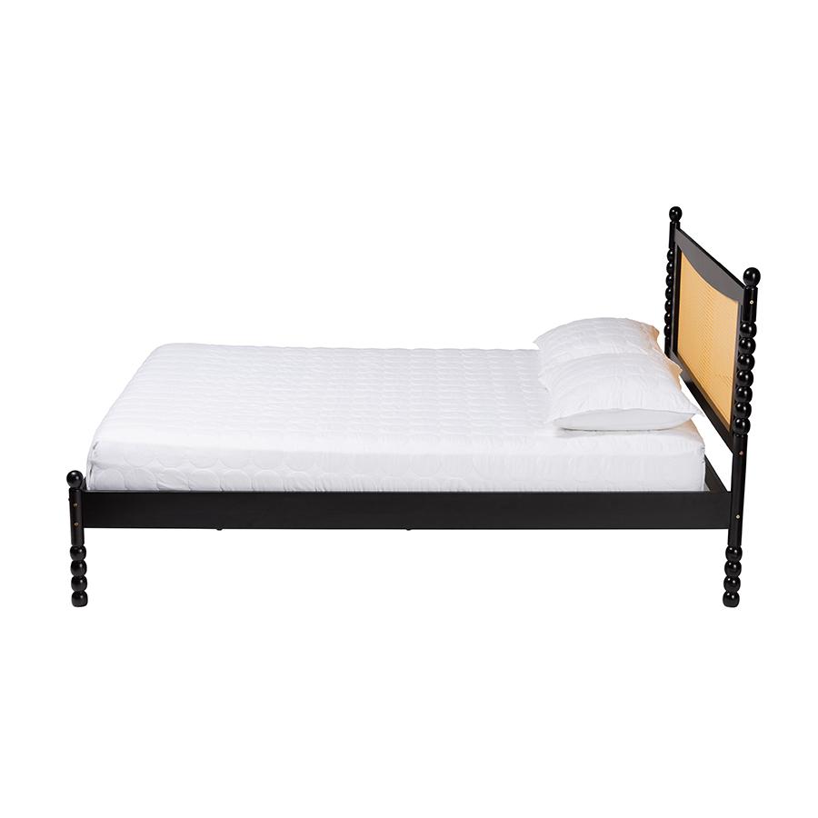 Okena Mid-Century Modern Black Wood Queen Size Platform Bed with Woven Rattan. Picture 2