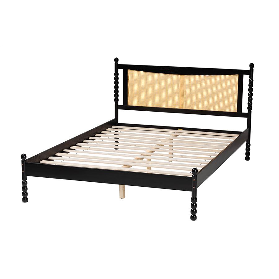 Okena Mid-Century Modern Black Wood Queen Size Platform Bed with Woven Rattan. Picture 3