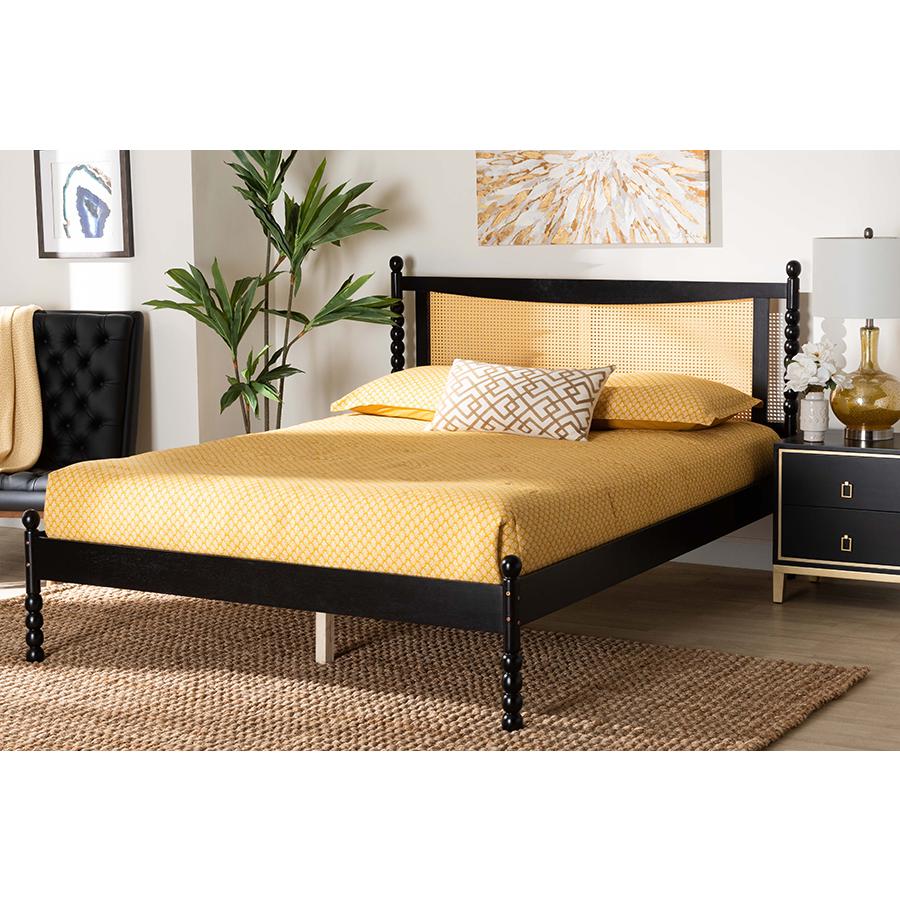 Okena Mid-Century Modern Black Wood Queen Size Platform Bed with Woven Rattan. Picture 7