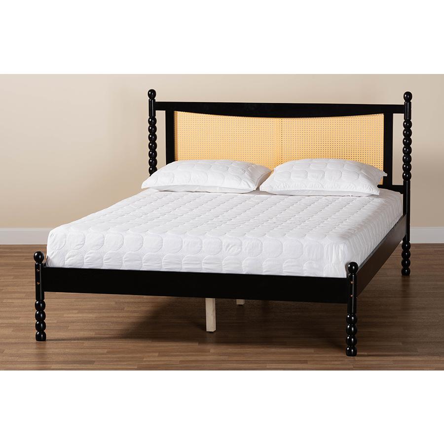 Okena Mid-Century Modern Black Wood Queen Size Platform Bed with Woven Rattan. Picture 8