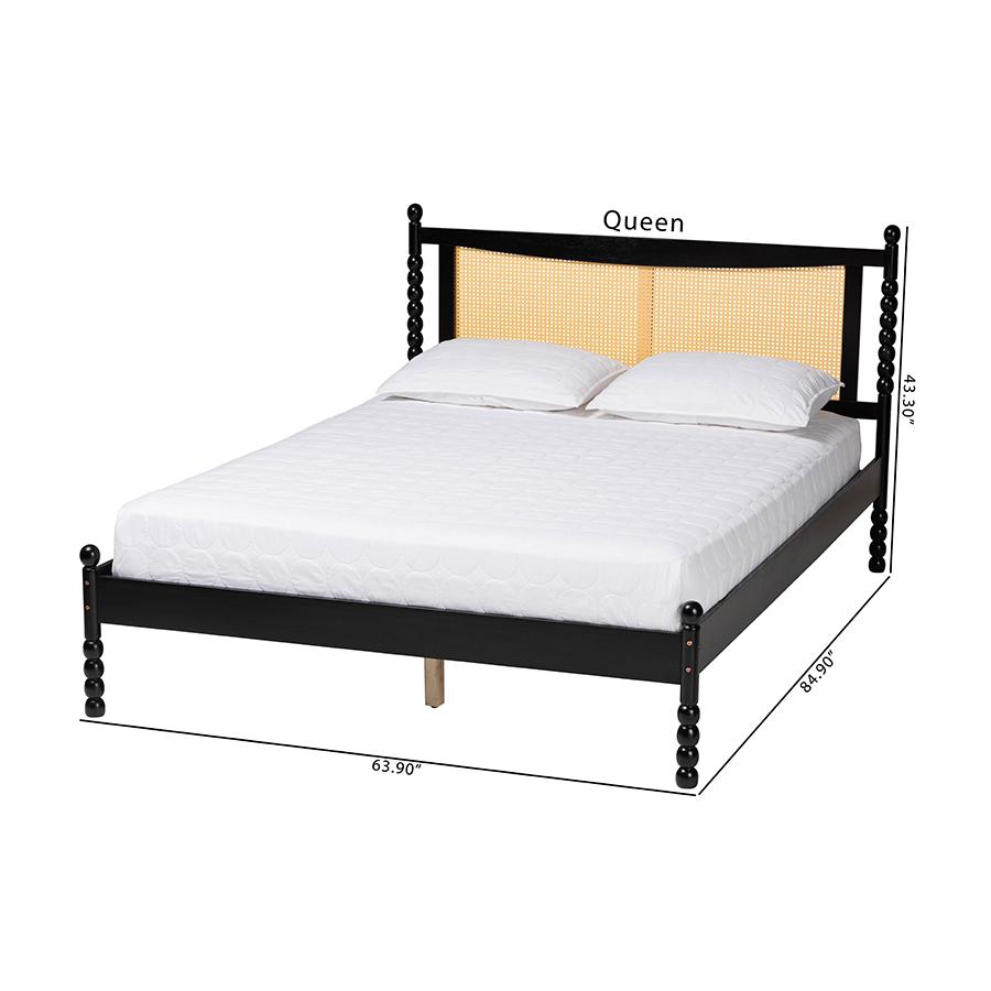 Okena Mid-Century Modern Black Wood Queen Size Platform Bed with Woven Rattan. Picture 9