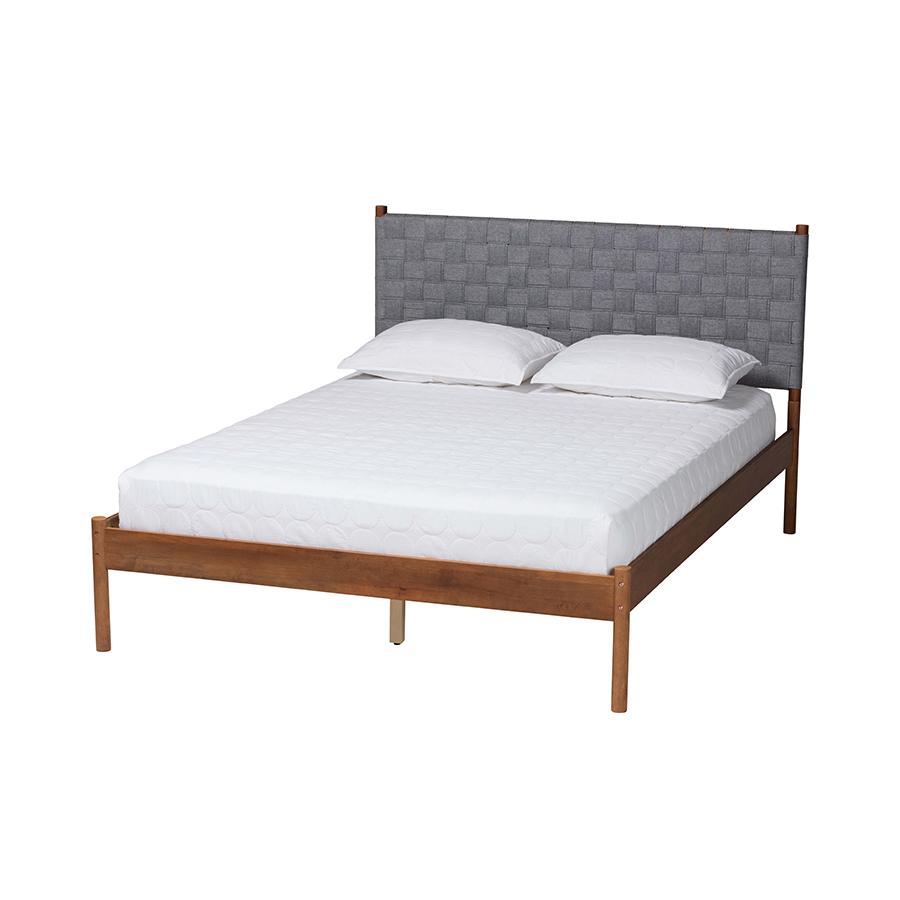 Modern Grey Woven Fabric and Walnut Brown Wood Queen Size Platform Bed. Picture 1