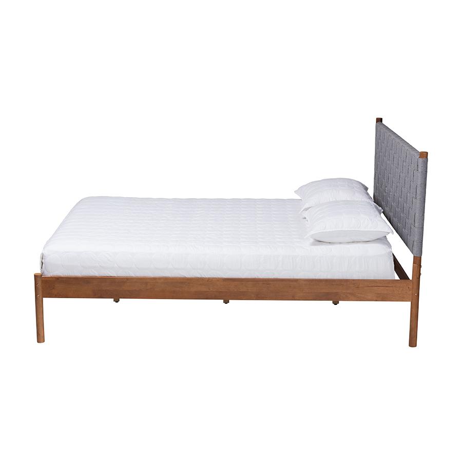 Modern Grey Woven Fabric and Walnut Brown Wood Queen Size Platform Bed. Picture 2