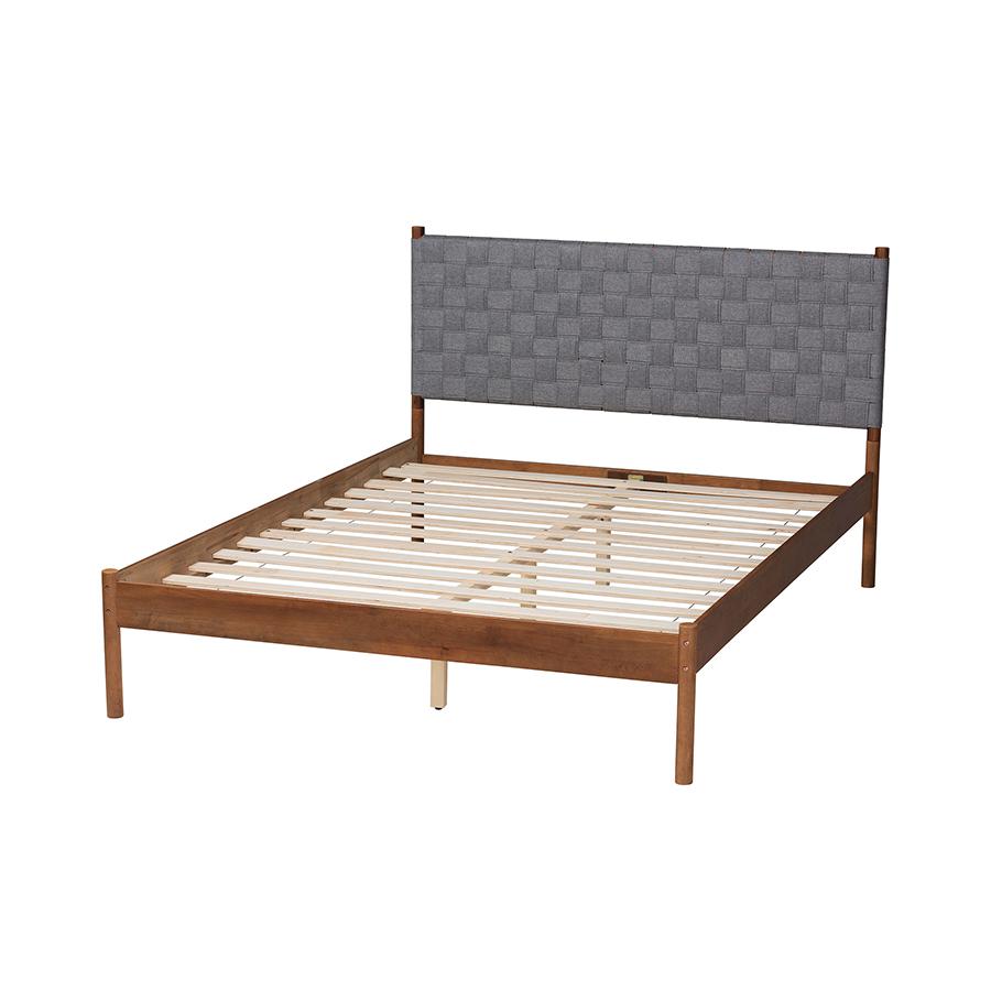 Modern Grey Woven Fabric and Walnut Brown Wood Queen Size Platform Bed. Picture 3