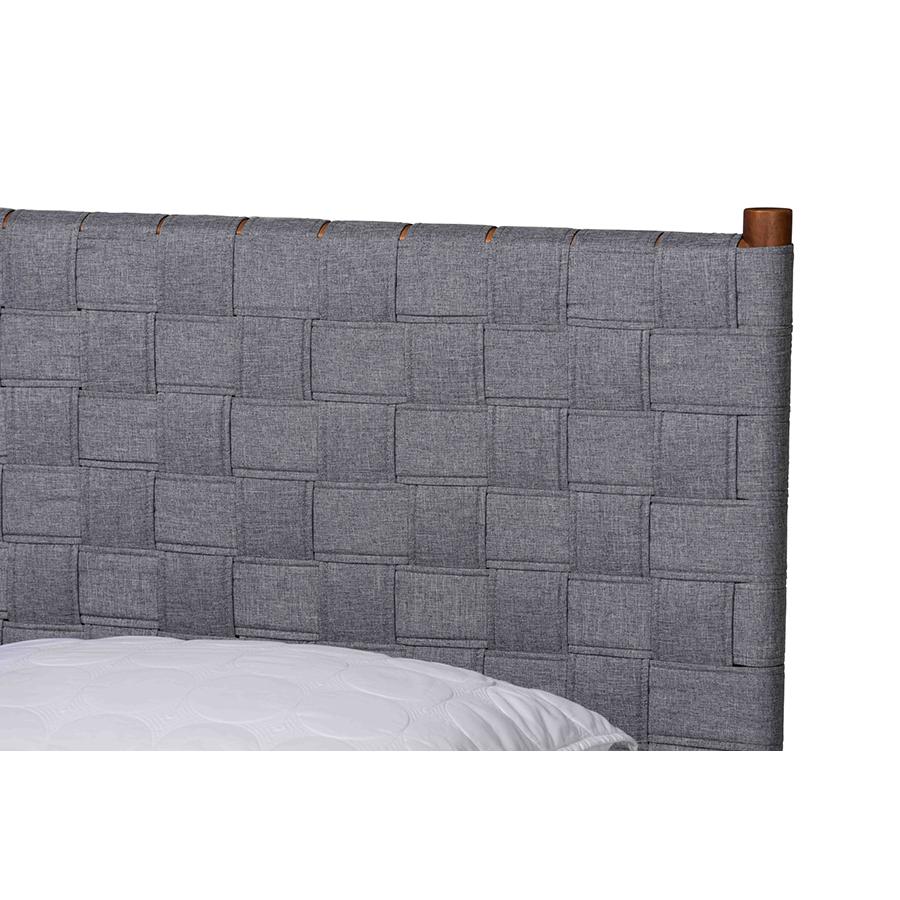 Modern Grey Woven Fabric and Walnut Brown Wood Queen Size Platform Bed. Picture 4