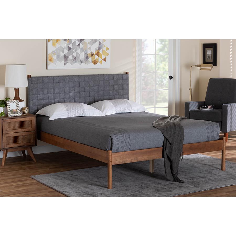 Modern Grey Woven Fabric and Walnut Brown Wood Queen Size Platform Bed. Picture 7