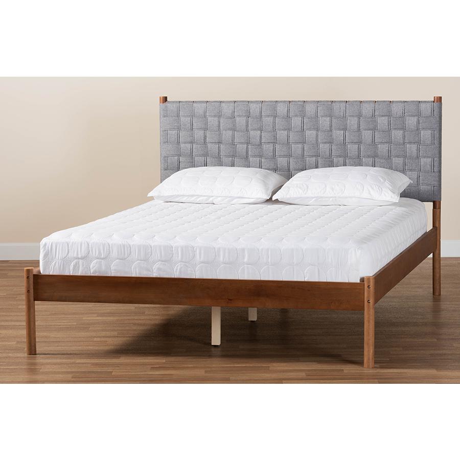 Modern Grey Woven Fabric and Walnut Brown Wood Queen Size Platform Bed. Picture 8