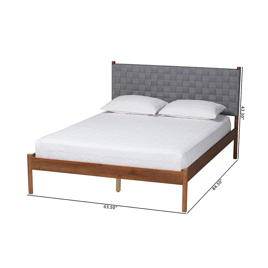 Modern Grey Woven Fabric and Walnut Brown Wood Queen Size Platform Bed. Picture 9