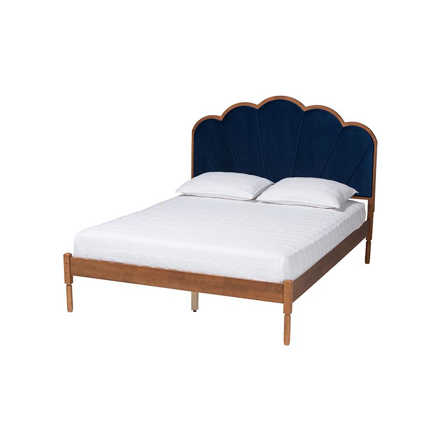 Modern Navy Blue Velvet and Walnut Brown Finished Wood Queen Size Platform Bed. Picture 1