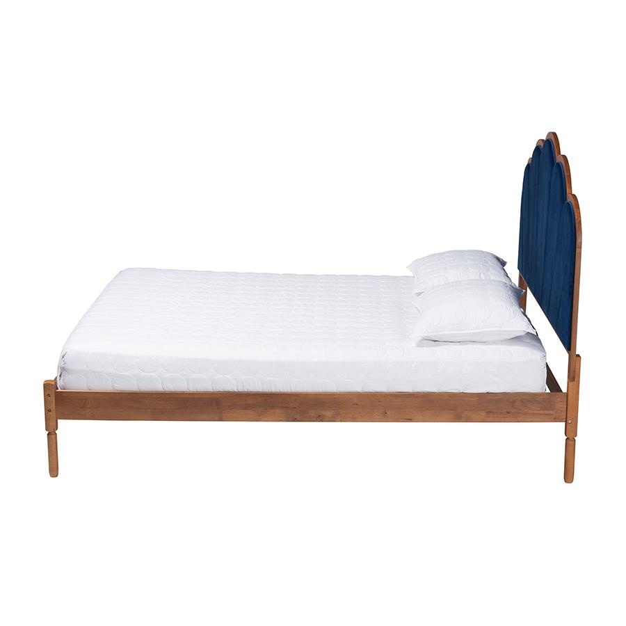 Modern Navy Blue Velvet and Walnut Brown Finished Wood Queen Size Platform Bed. Picture 2
