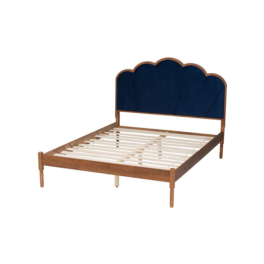 Modern Navy Blue Velvet and Walnut Brown Finished Wood Queen Size Platform Bed. Picture 3