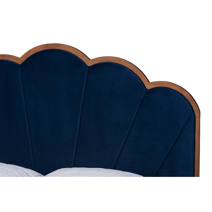 Modern Navy Blue Velvet and Walnut Brown Finished Wood Queen Size Platform Bed. Picture 4