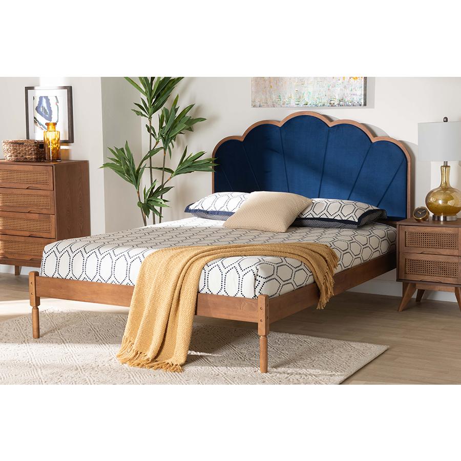 Modern Navy Blue Velvet and Walnut Brown Finished Wood Queen Size Platform Bed. Picture 7