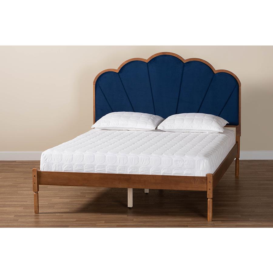 Modern Navy Blue Velvet and Walnut Brown Finished Wood Queen Size Platform Bed. Picture 8