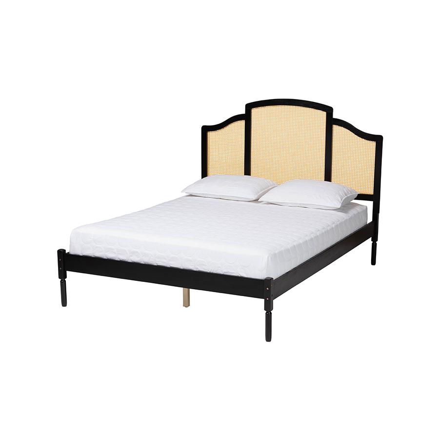 Traditional Black Finished Wood Queen Size Platform Bed with Woven Rattan. Picture 1