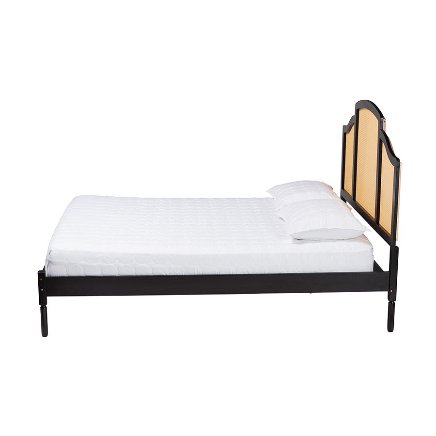Traditional Black Finished Wood Queen Size Platform Bed with Woven Rattan. Picture 2