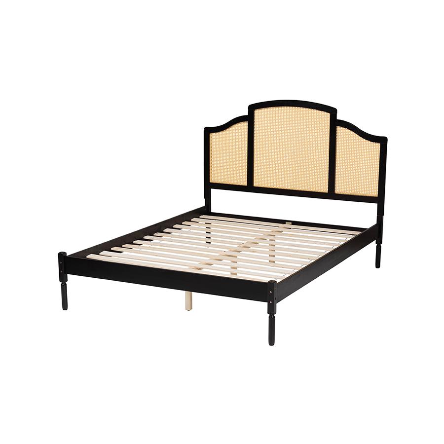 Traditional Black Finished Wood Queen Size Platform Bed with Woven Rattan. Picture 3