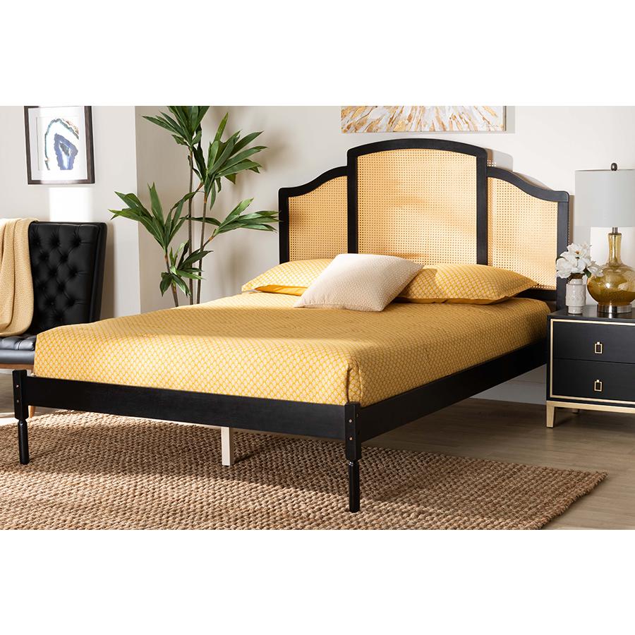 Traditional Black Finished Wood Queen Size Platform Bed with Woven Rattan. Picture 7