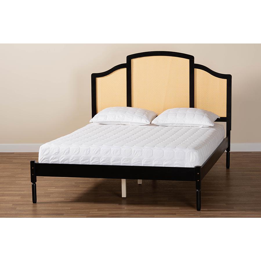 Traditional Black Finished Wood Queen Size Platform Bed with Woven Rattan. Picture 8
