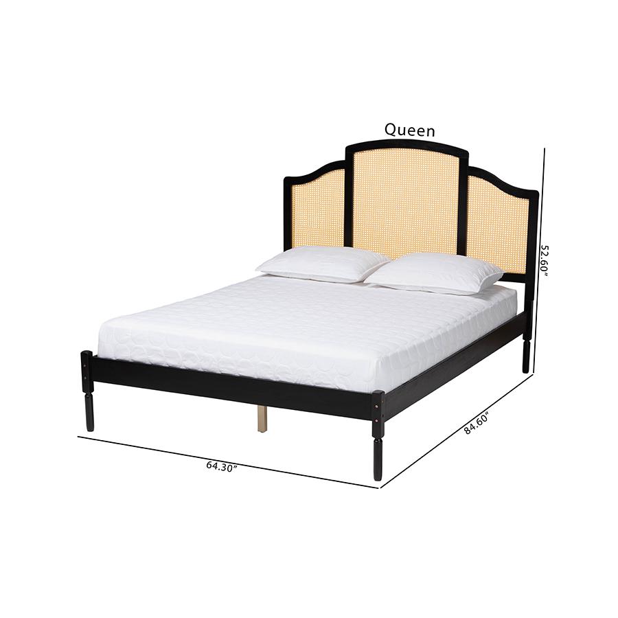 Traditional Black Finished Wood Queen Size Platform Bed with Woven Rattan. Picture 9