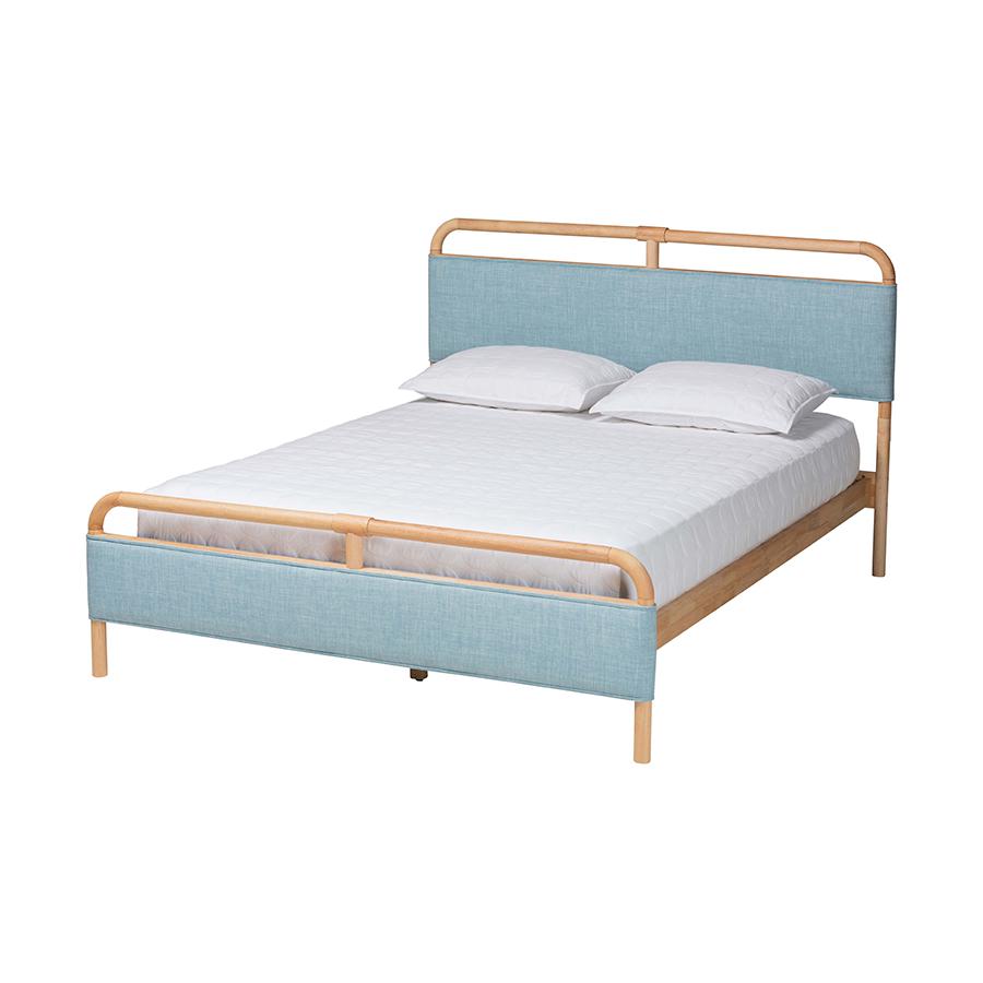 Contemporary Baby Blue Fabric and Natural Wood Queen Size Platform Bed. Picture 1
