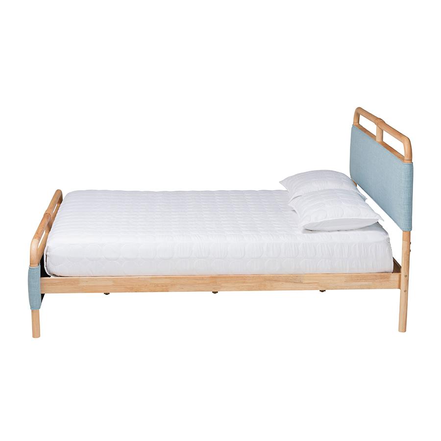 Contemporary Baby Blue Fabric and Natural Wood Queen Size Platform Bed. Picture 2