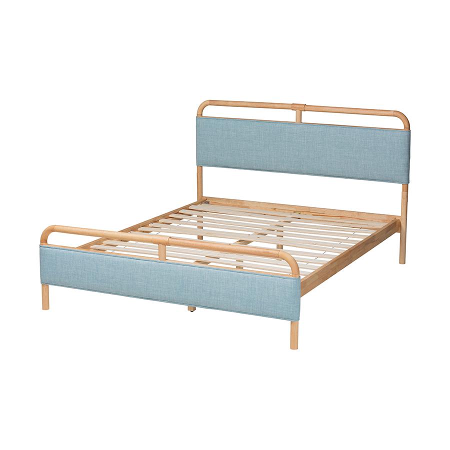 Contemporary Baby Blue Fabric and Natural Wood Queen Size Platform Bed. Picture 3
