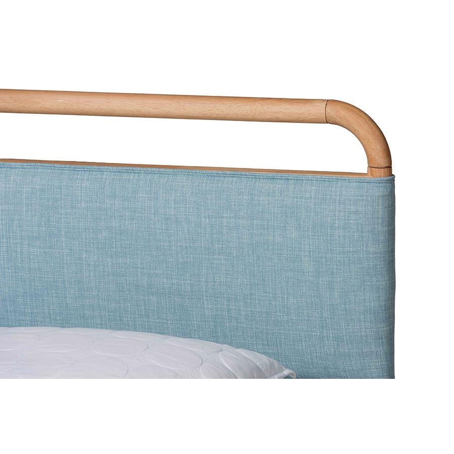 Contemporary Baby Blue Fabric and Natural Wood Queen Size Platform Bed. Picture 4