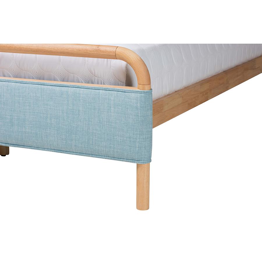 Contemporary Baby Blue Fabric and Natural Wood Queen Size Platform Bed. Picture 5