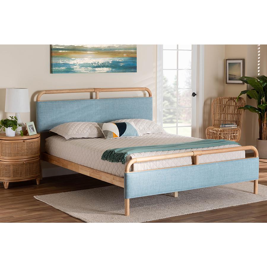Contemporary Baby Blue Fabric and Natural Wood Queen Size Platform Bed. Picture 7