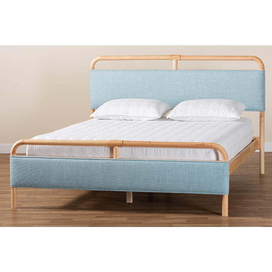 Contemporary Baby Blue Fabric and Natural Wood Queen Size Platform Bed. Picture 8