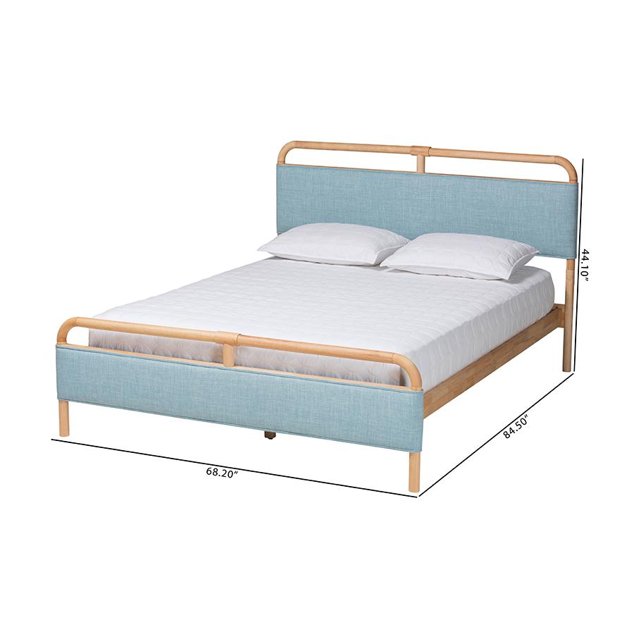 Contemporary Baby Blue Fabric and Natural Wood Queen Size Platform Bed. Picture 9